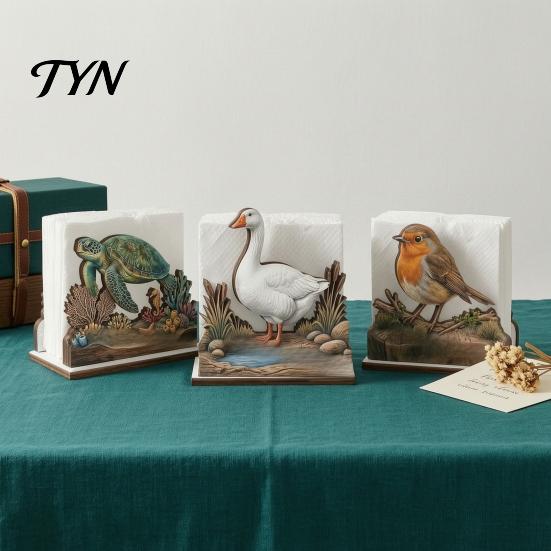 Decorative Napkin Stand for Dining Room Rustic Wooden Holder, Octopus/Bird/Goose/Turtle/Black Bear/Elephant Pattern, Compact Tissue Modern Wood