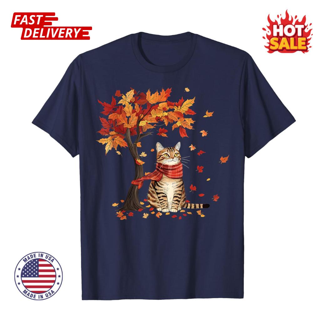 Cat Leaf Fall Tree Hello Autumn Thanksgiving Unisex Inspired Graphic T-Shirt NEW XXXXL