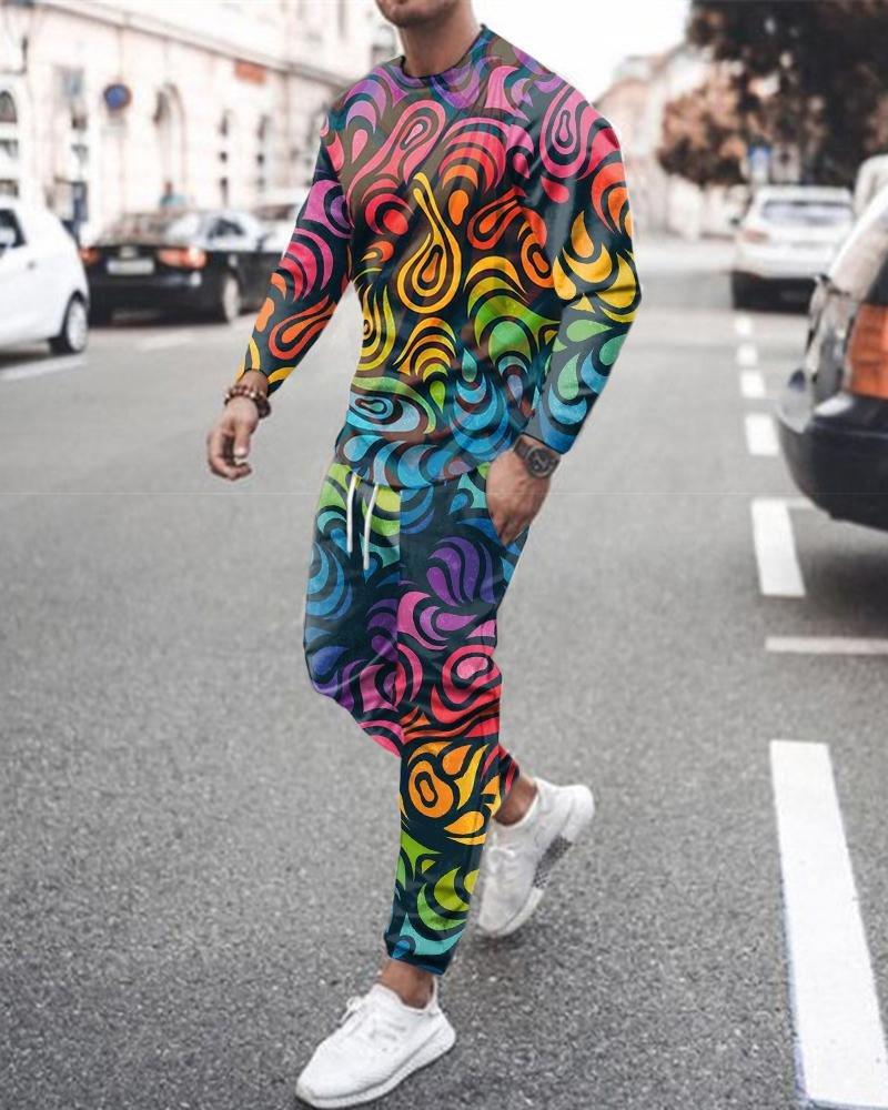 Men's Long Sleeve T-Shirts Sets Abstract Pattern 3D Print Sports T-Shirt Pants Suit Fashion Tracksuit 2-Piece Jogger Outfits