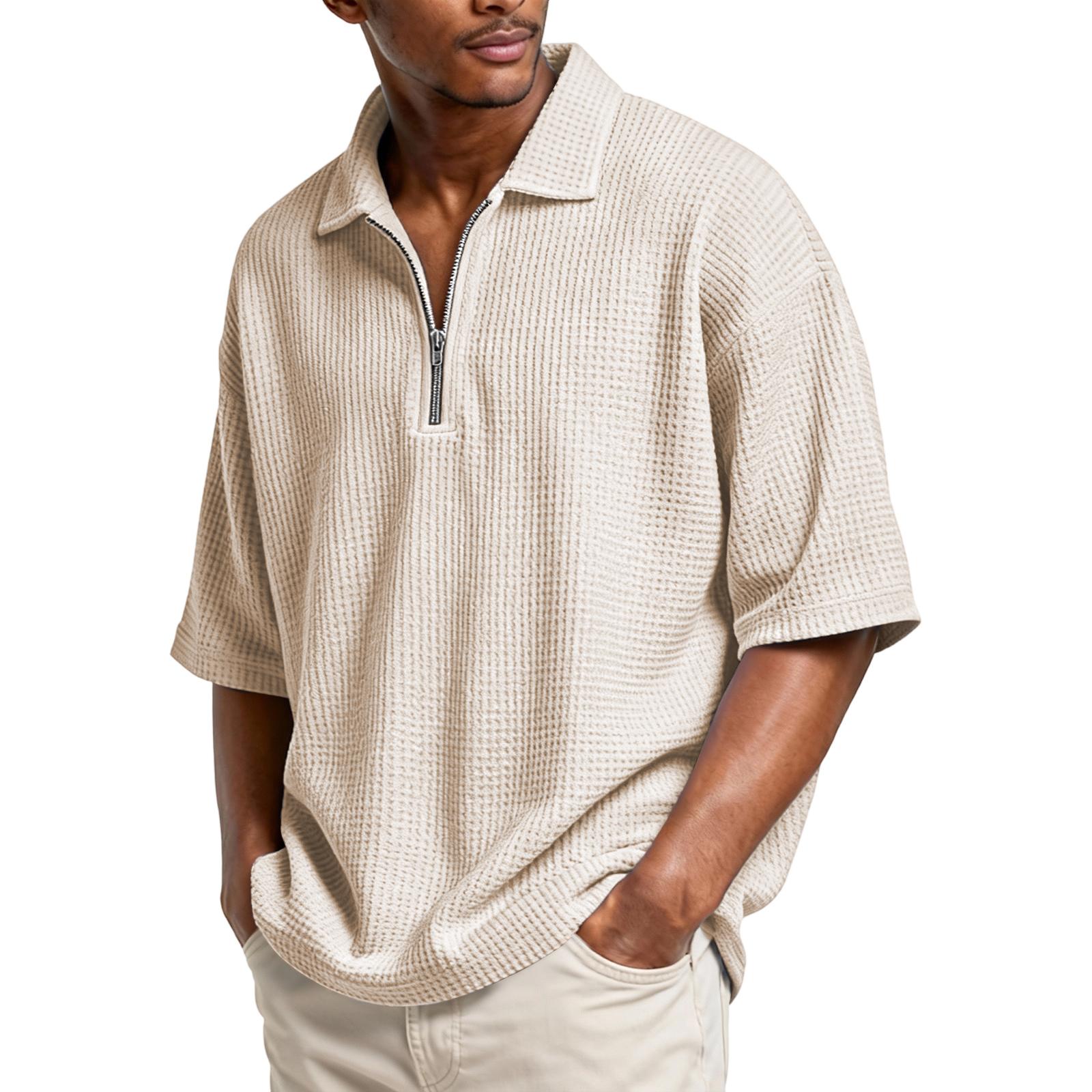 Men s Basic Zipper Stand Collar Short-sleeved Shirt XL