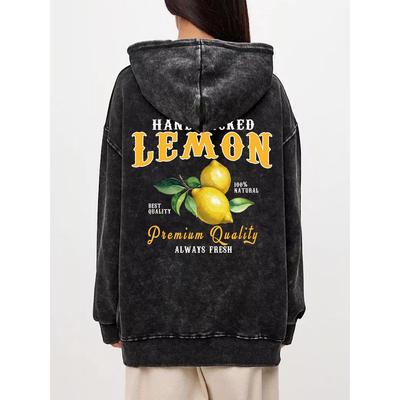 Herbst Damen Gewaschene Hoodies Handverlesene Zitrone Immer Frische Prints Streetwear Warm Übergroß Baumwolle Kapuzenkleidung