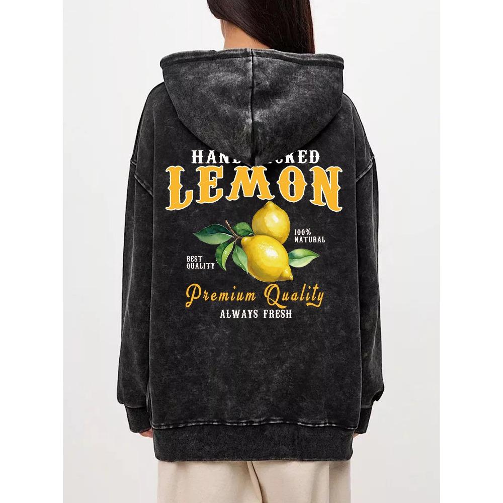 Autumn Womens Washed Hoodies Hand Picked Lemon Always Fresh Prints Streetwears Warm Oversize Cotton Hooded Clothes