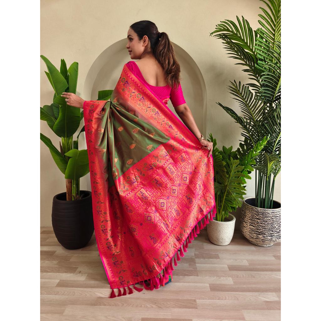 Paithani Silk Sarees  with Unique Peacock Motifs and Meenakari Work Having Contrast Pallu and Designer Contrast Border. With Tassels.