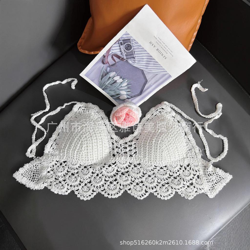 New fashionable and sexy tube top with small suspenders for women's summer seaside beach lace-up hollow knitted neck top