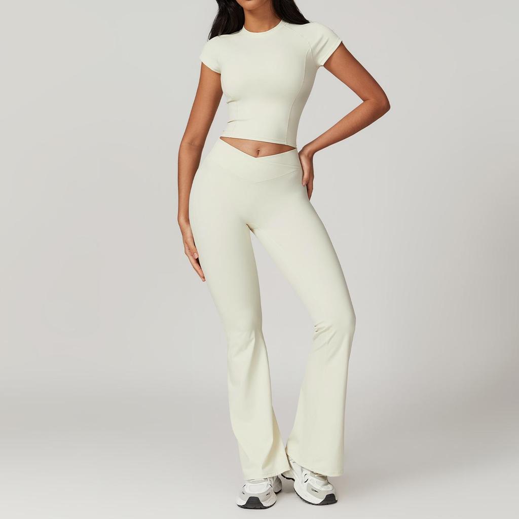 Umweltfreundliches, recyceltes, schnell trocknendes Yoga- und Lauf-Outfit - Damen-Fitnessanzug mit kurzen Ärmeln und stilvollem Rückendesign (Modell 8799)