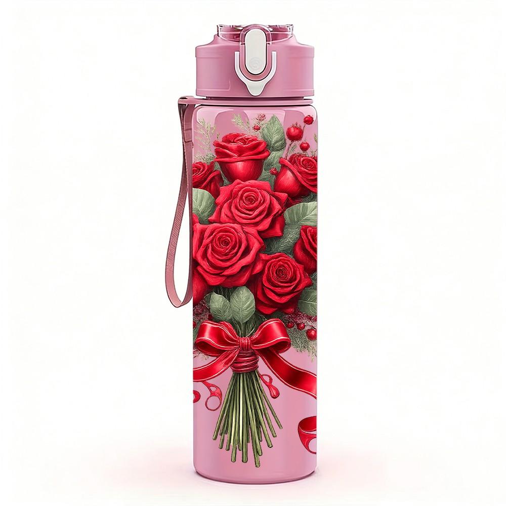1PC Red Rose Bouquet Floral Print 750ml Color Plastic Sports Water Bottle Leakproof Flip Straw Lid Suitable for Sports Office Home Use