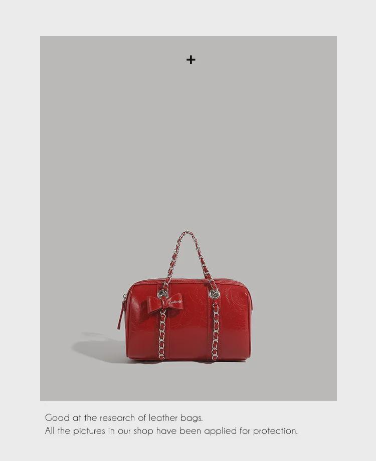 Korean-Style Boston Wax Leather Handbag with Bow Accent