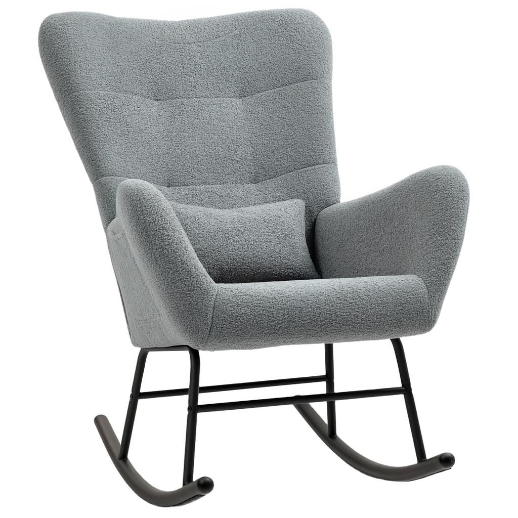 Rocking Chair, Fluffy Cover, Lumbar Cushion, Non-Slip, Up To 120 Kg, Grey