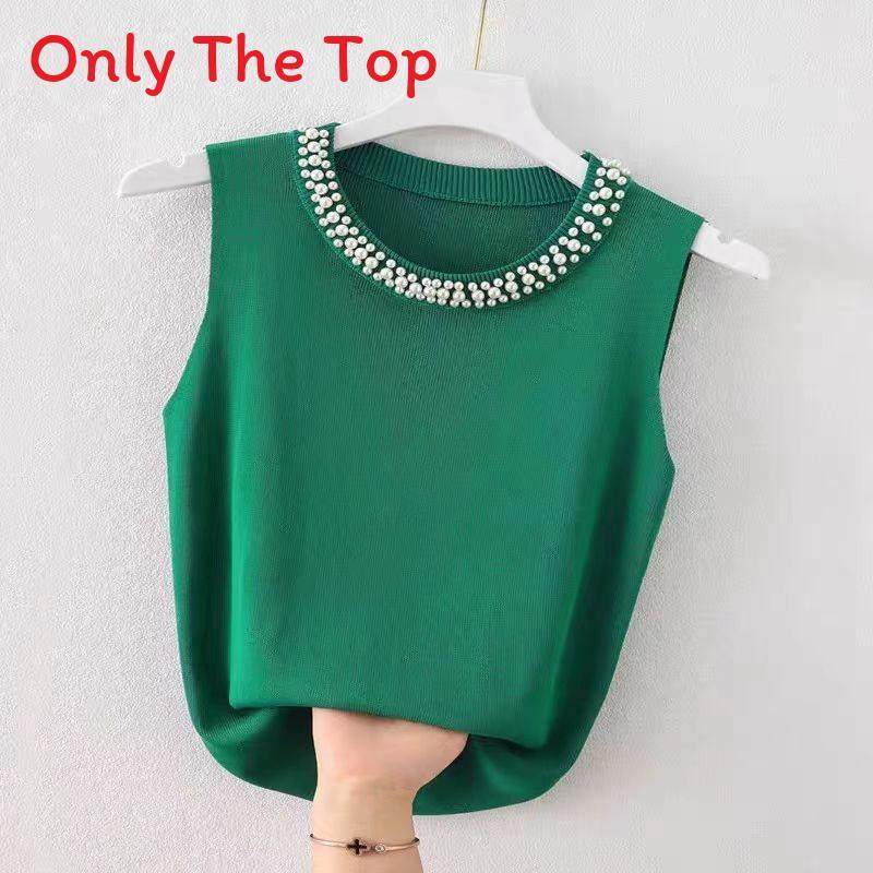 Summer Womens Knitted Tank Top With Pearl Embellishments For Casual Wear