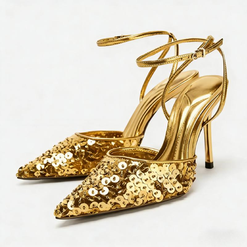 

Shiny Sequin Decorated Gold Heels Women Fashion Pointy Toe Ankle Strap Buckle Design High Heeled Sandals Luxury Party Dress Shoe 35 золотой