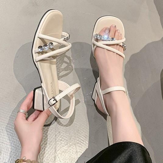 Open-toed rhinestone sandals summer new fashion thick heel square head one-button versatile women's shoes