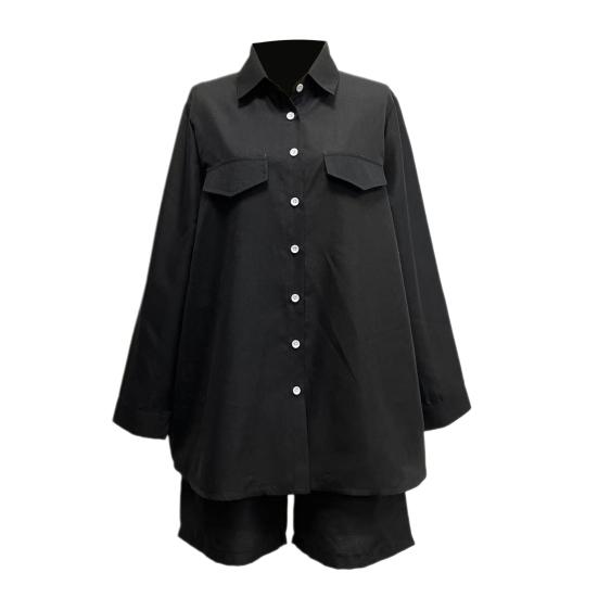2 Pcs/Set Women Shirt Shorts Set Solid Color Long Sleeves Lapel Blouse
