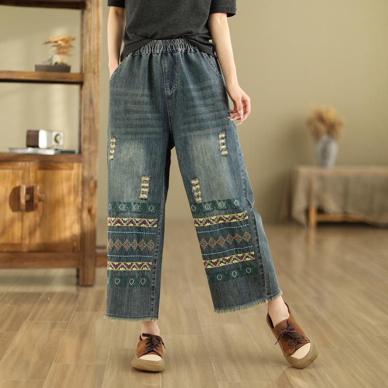 Women Jeans Denim Crop Harem Pants Embroidered Wide Leg Jeans