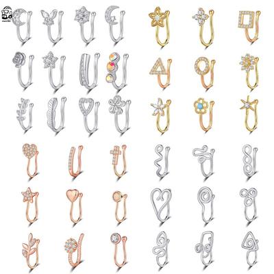 9/12pcs Fake Nose Rings Set Steel Gold Color Faux Body Jewelry Piercing Lot Heart Butterfly Fake Helix Tragus Ear Clip Cuff Bulk