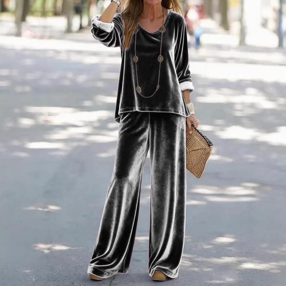 2025 foreign trade cross-border new women's clothing, casual V-neck pullover, long sleeves and trousers, velvet multi-color women's suit