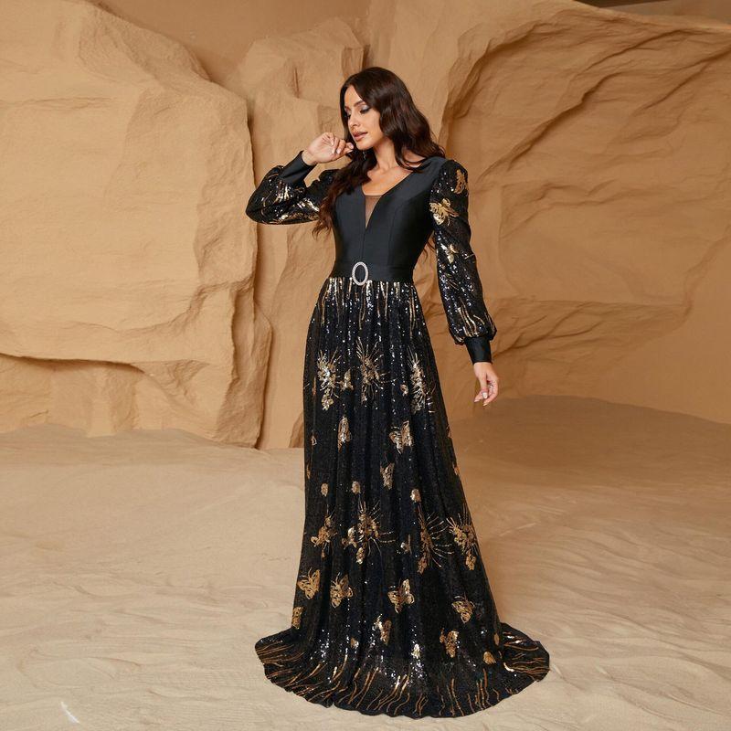 

Cross-Border European and American Style Long-Sleeve Elegant V-Neck Sexy Long Sequin Evening Gown with a Large Hem for Tall Individuals Black S