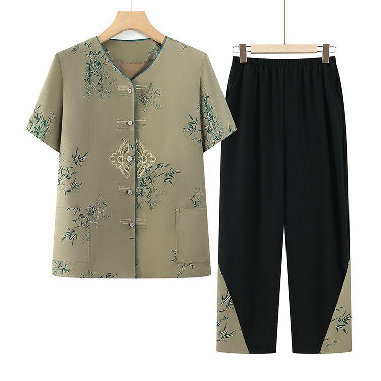 Elderly Women s Casual Summer Two-Piece Outfit 5XL for 72.5-80kg