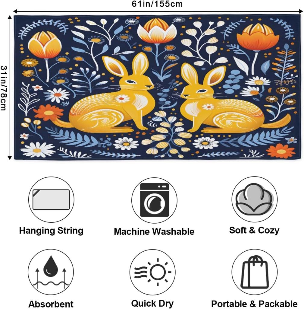 Easter Bunny Beautiful Flowers Beach Towel, Large Microfiber Quick Dry Lightweight Pool Bath Towels Sand Free Beach Blanket for