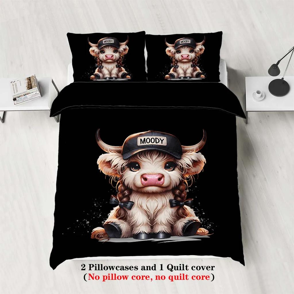 Three-piece set (1 duvet cover, 2 pillowcases, no core), cute cartoon cool highland cow element printed bedding, multiple sizes