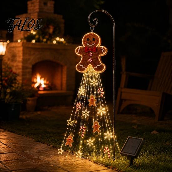 Outdoor Gingerbread Man Lights Solar Garden Light, Waterproof Yard Light with Warm Christmas Stakes Waterfall LED, Pathway Stake Lamp for Lawn