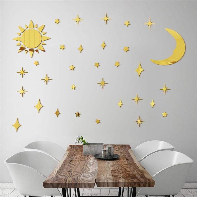 Sun Moon Stars DIY Acrylic Mirror Wall Stickers 3D Wall Stickers For Kids Rooms Decor