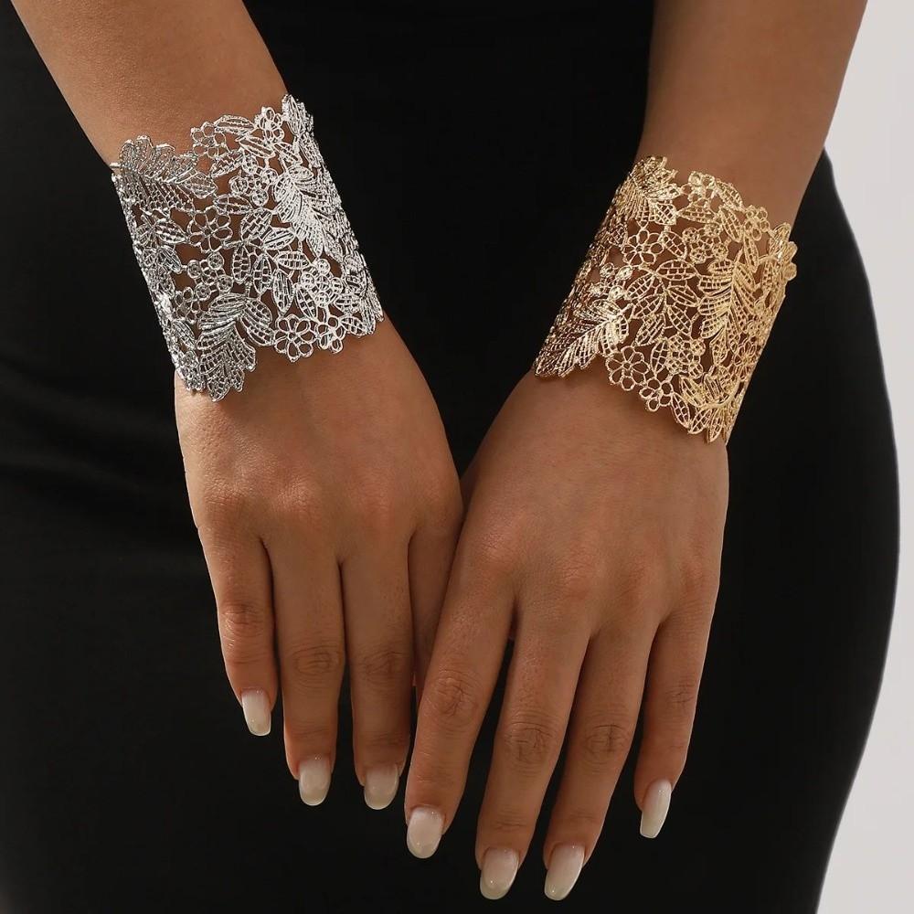 Elegantes Hohl-Armreif Legierung Übertriebenes Armband Retro Blattblumen-Armband für Damen