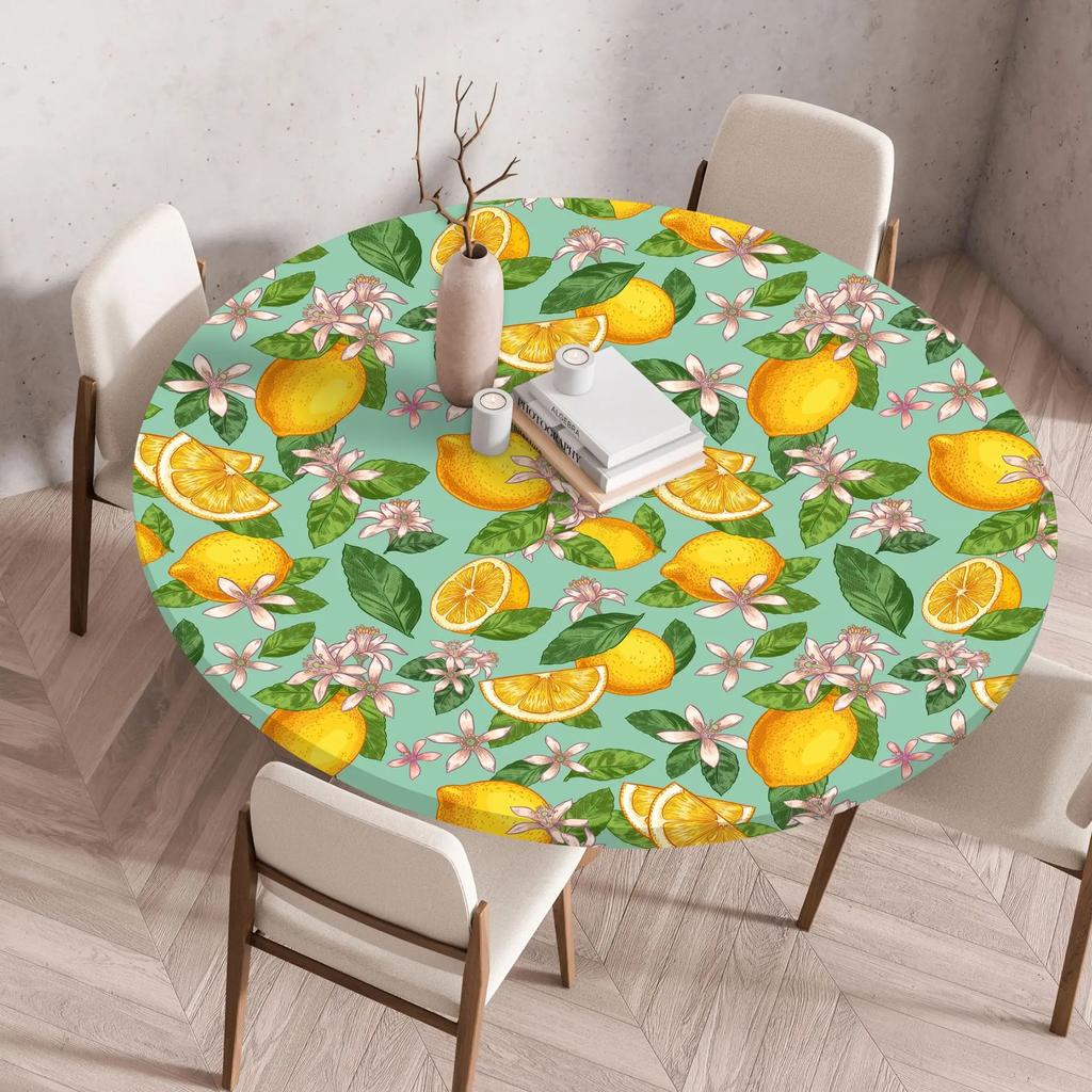 Plant Flower Patterns Round Tableclothes for Dining Table Fitted Table Protector Cover Elastic Edge Desk Decoration Waterproof