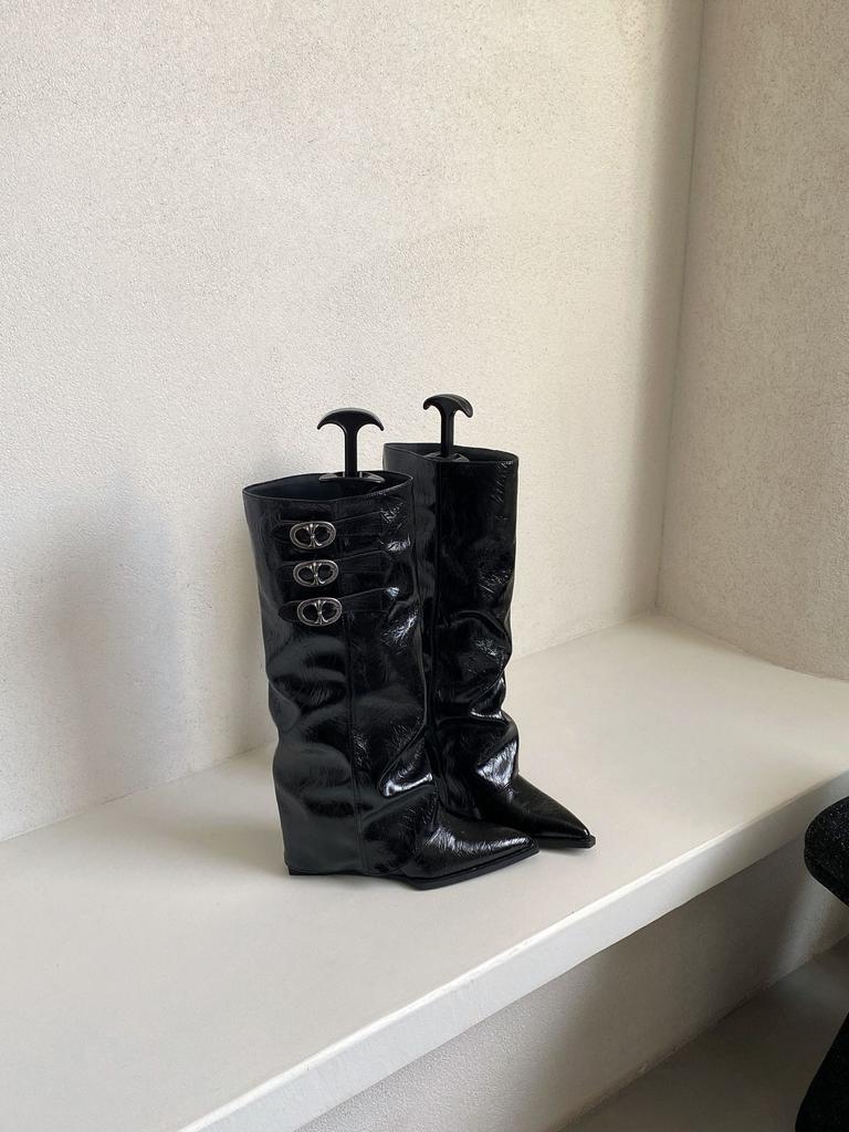 Autumn and winter new pointed toe wedge high boots retro pleated sleeve belt buckle trouser tube boots black apricot