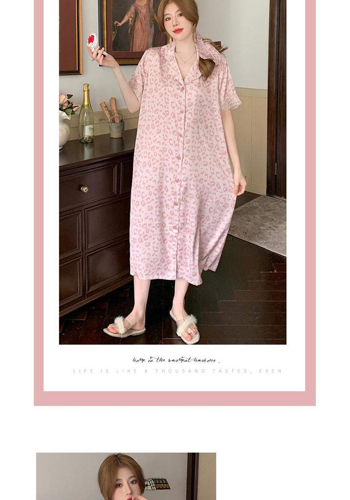 Summer Leopard Print Lace Ice Silk Nightgown - Women's Luxury Short Sleeve Sleepwear