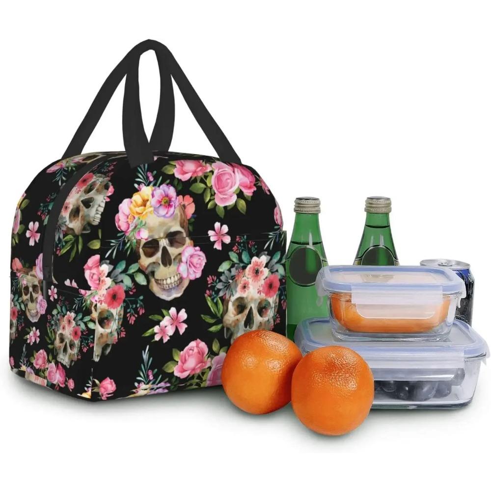 Skull Lunch Bag Halloween Horror Skeleton Flowers Lunch Box Insulated Lunch Box Tote Bags for Office Work School Picnic Beach
