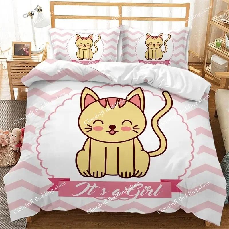Kawaii Katt Dynetrekk Tegneserie Sengetøysett Mikrofiber Søt 3D Dyr Dundyne Trekk Twin Full King For Barn Gutt Jente Tenåringsrom