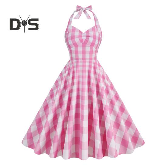 

Женское розовое клетчатое платье без рукавов 1950-х годов со шнуровкой, бантом, халтером, скрытой молнией, приталенным подолом, коктейльное платье-халат с высокой талией и А-силуэтом XL розовый