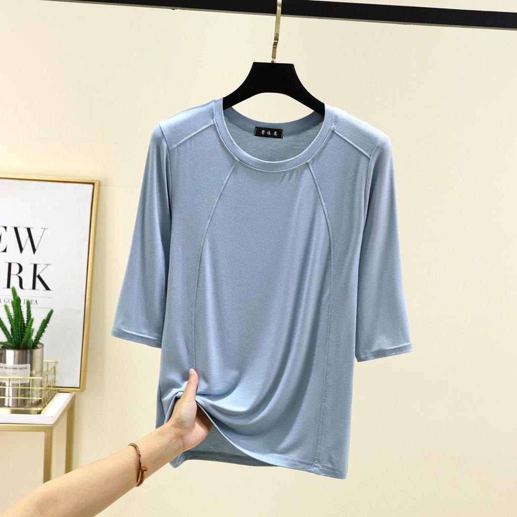 Modal Spliced O-neck T-shirt Half Sleeves Solid Color Women Base Layer Top Slimming Undershirts Basic Tee Tops All Match