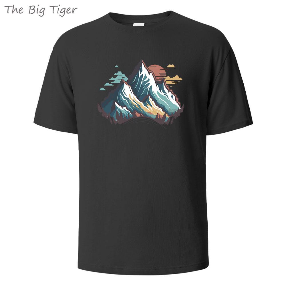 Mountain Printing Basic Cotton Men TShirt Relaxed Fit Round Neck Minimalist Style Unisex Casual Comfortable Top