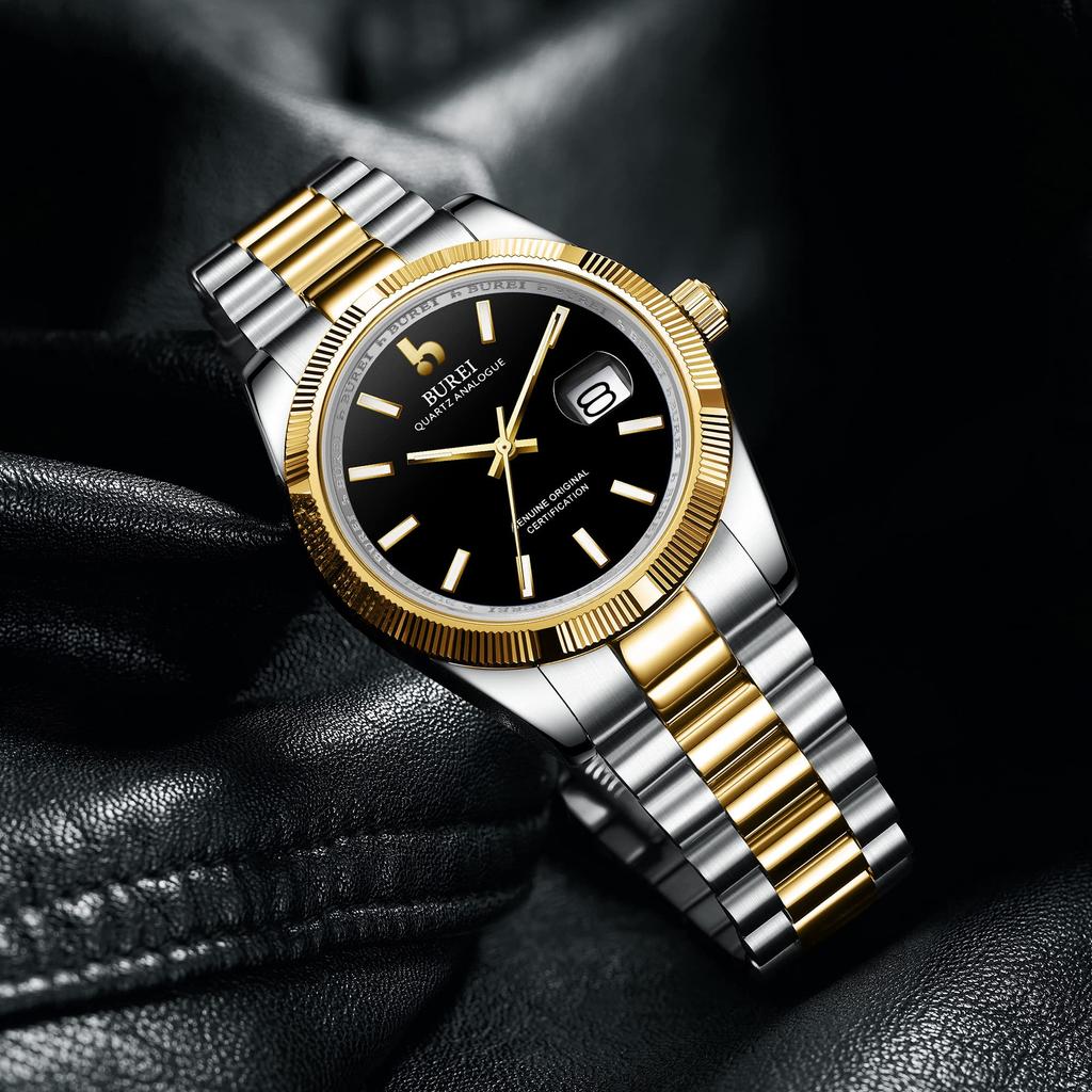 BUREI Waterproof Quartz Analog Simple and Popular for Business and Gold and Black Luminous Perfect as a Birthday Gift Men's Watch, Fashion, Finish,
