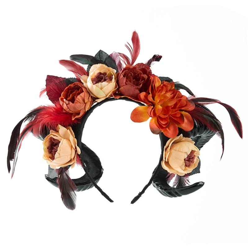 A52E Halloween Dark Rose Floral Sheep Horn Headpiece Elegant Gothic Hairband Decors