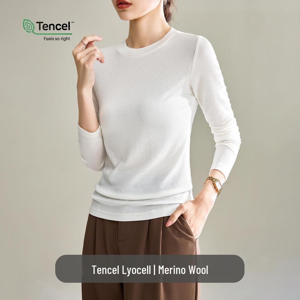 Women's White Mask Tencel Lyocell Wool Long Sleeve Slimming Base Layer Top - 2025 Autumn/Winter Collection