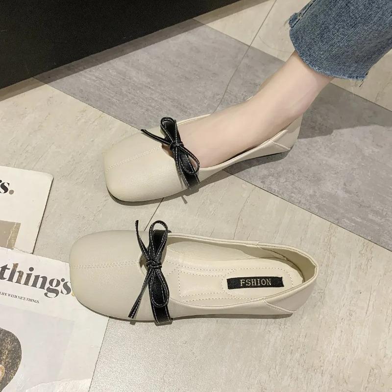 Fashion Leather Casual with Bow Black Woman Flats Low Heel Elegant Office Cheap Liquidation Popular Non Slip Spring Shoe Shoes for Women