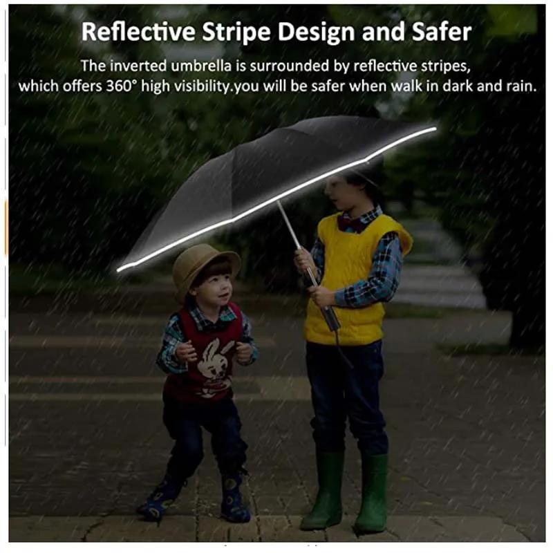Automatic Reverse Folding Umbrella with Reflective Stripe Windproof UV Protection Large Travel Parasol