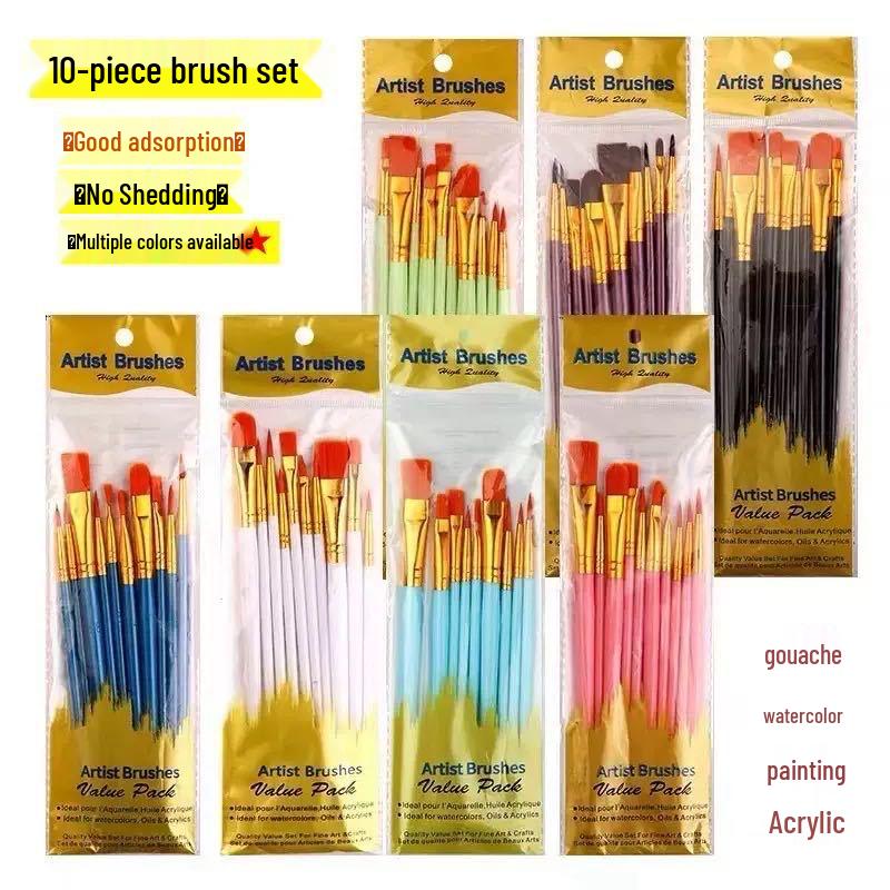 Set of 10 Nylon Bristle Oil Painting and Acrylic Liner Brushes with Plastic Handles