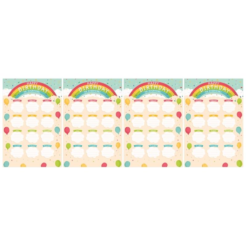 Teacher Birthday Board Poster Set, 4 Paper Classroom Charts with Monthly Name Sections for School Display and Daycare Use