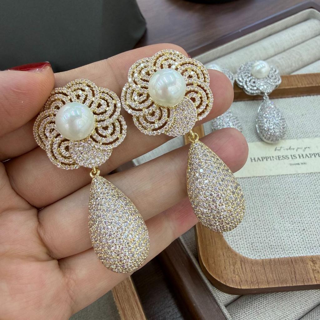 Premium Heavy Industry Large Water Drop Fringed Pearl Earrings Gold-Plated Hot-Selling Flower Pearl Full Zirconium Earrings