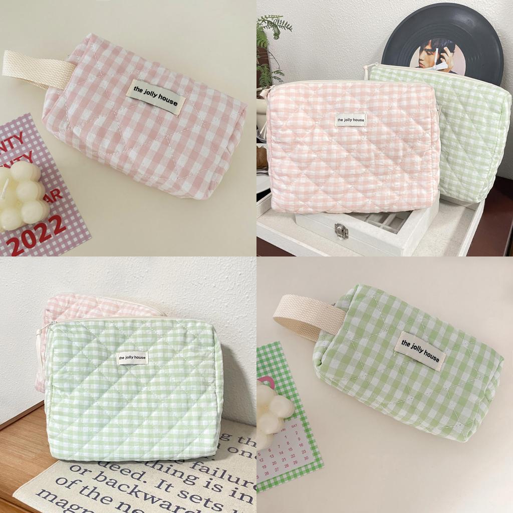 Pink And Green Plaid Makeup Bag With Breathable Polyester For Travel And Daily Use