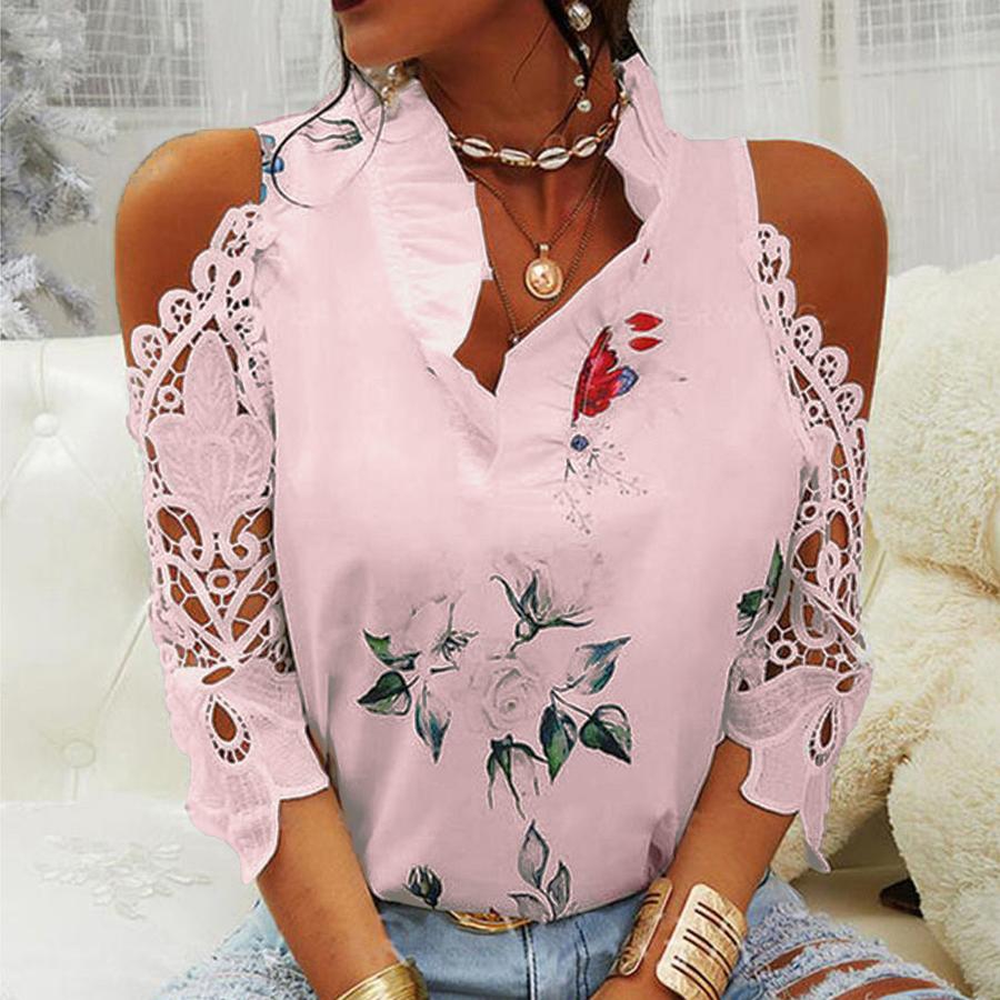 Summer New Women's Top Floral Print Off-Shoulder Lace Patchwork Long Sleeve T-Shirt for Women