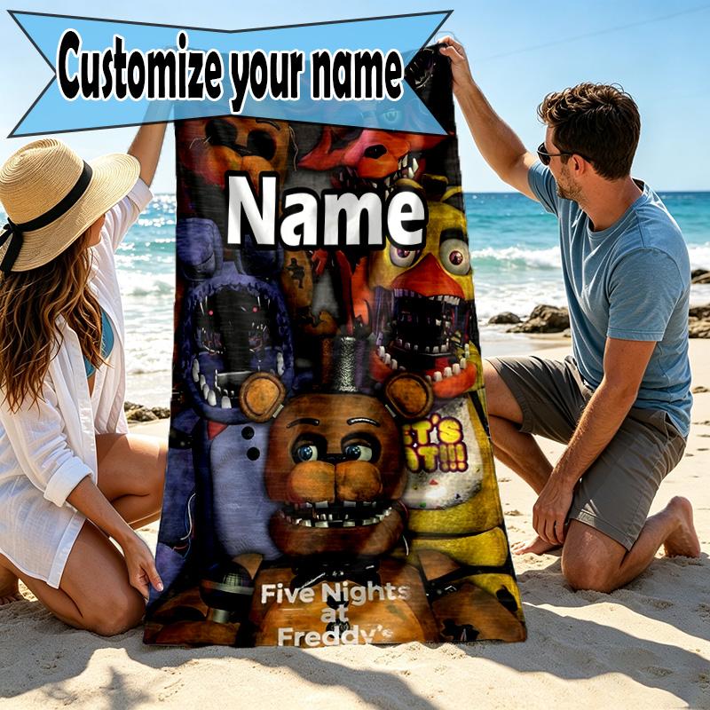 Custom Name Personalized Five Nights at Freddy's Print Beach Towel, for Trip Camping Beach Party Home Decor, Birthday Gift for Family & Friends