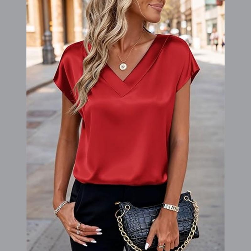 Damen Oberteile Mode Lässig V-Ausschnitt Kurzarm Bluse Business Lässige Oberteile Satin Seide Sommerhemd Arbeits Tuniken Oberteile