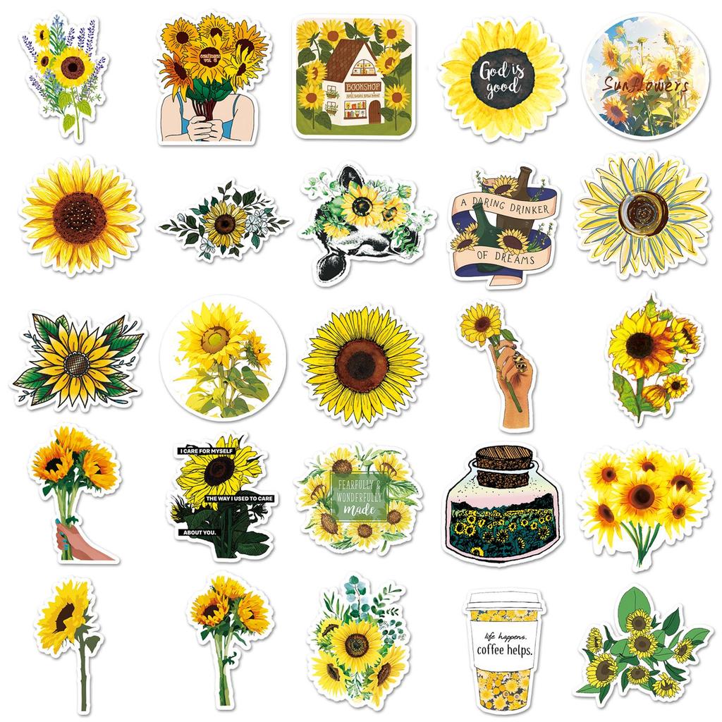 50 Sunflower Cartoon Stickers - DIY Color Plant Decoration for Milk Tea Cups