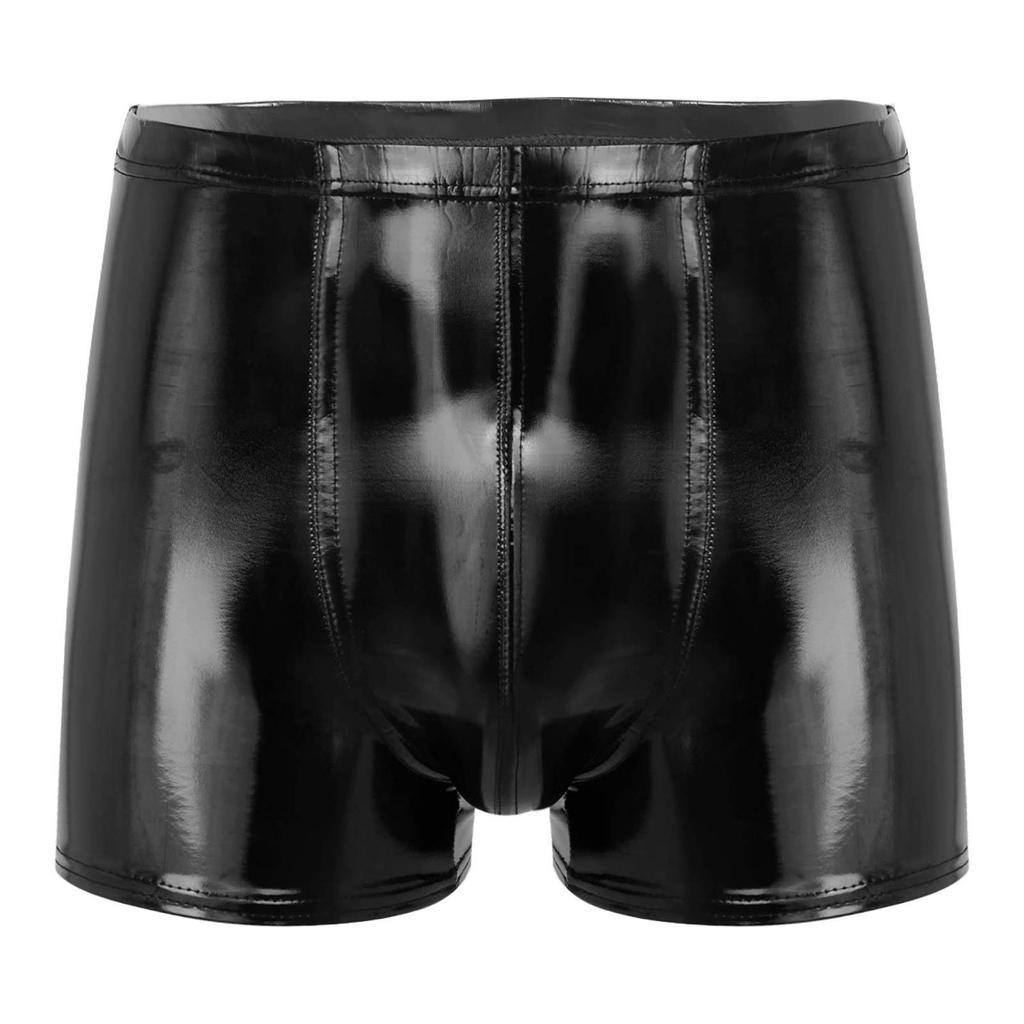 Mens Patent Leather Boxer Briefs Wet Look Shorts Elastic Waistband Bulge Pouch Design Clubwear