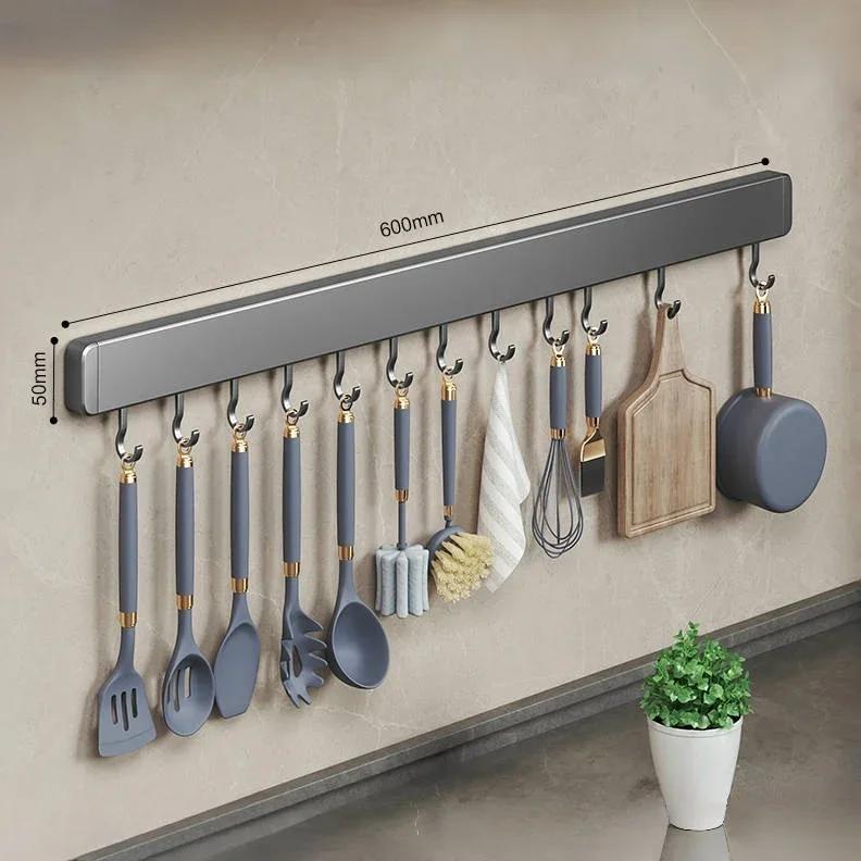 Kitchen Utensil Storage Organizer Non-perforated Wall Rack Movable Hook Spoon Holder Household Kitchen Mounted Arrangement Shelf