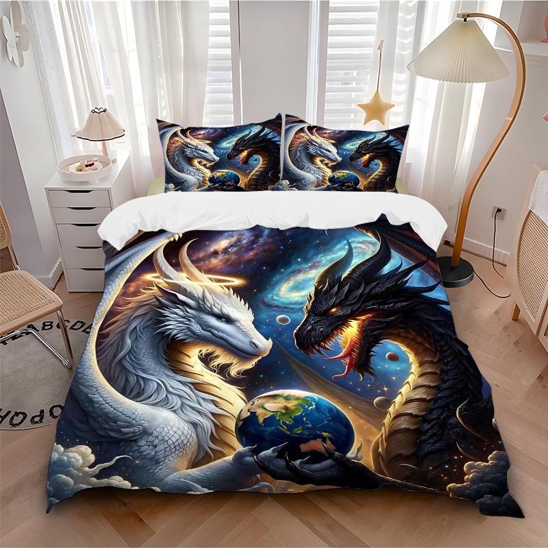 3pcs Two Dragons One Earth Printed Duvet Cover Set (1 * Cover+2 * Pillowcase, Without Core), Suitable for Home Bedroom, Guest Room, Dormitory Dec